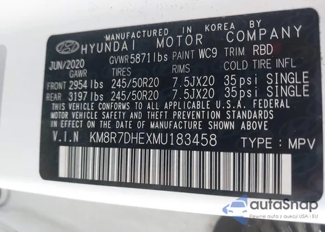2021 Hyundai Palisade Calligraphy z USA, uszkodzony, nr VIN KM8R7DHEXMU183458